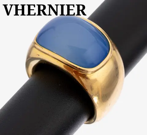 Bague VHERNIER or 18 kt avec pierre de couleur, or jaune 750/000, fabrication massive de qualité,