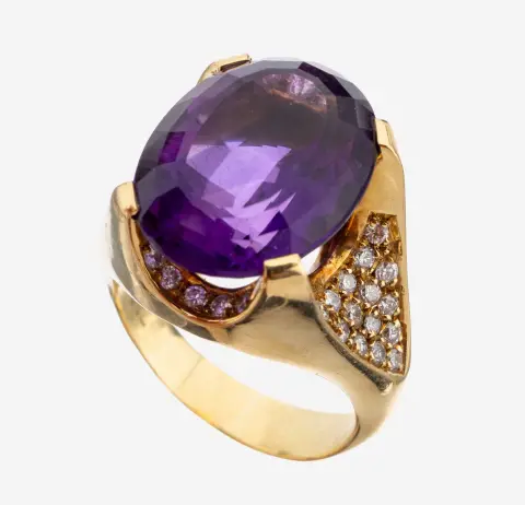 Bague améthyste-diamant or 18 kt, or jaune 750/000, améthyste facettée ovale env. 12,0 ct,