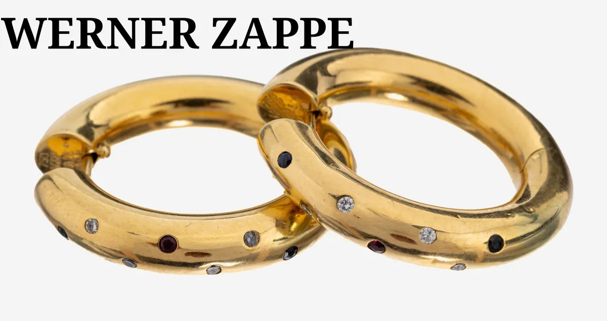 Pair of 18 kt gold WERNER ZAPPE diamond-sapphire-ruby hoop earrings, GG 750/000, plain, 8