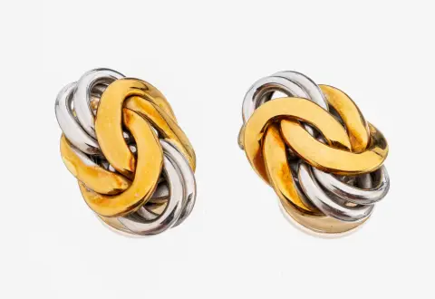 Paire de clips d'oreilles en or 18 ct, or jaune/blanc 585/000, forme de nœud stylisée, L. env. 1,9 cm, env. 11,7 g