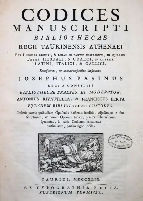 Pasini,G. – Codices Manuscripti Bibliothecae Regii Taurinensis Athenaei