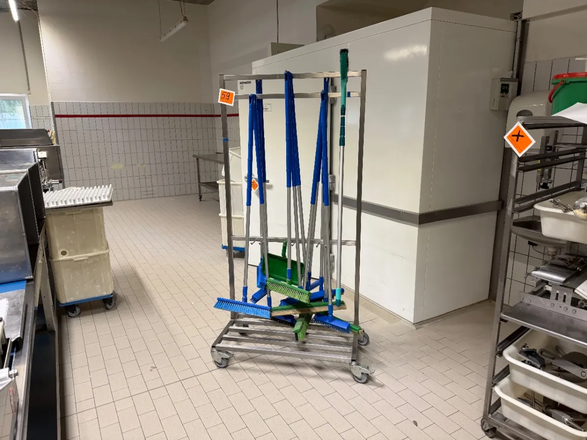 Stainless steel transport trolley (with various brooms, etc.)