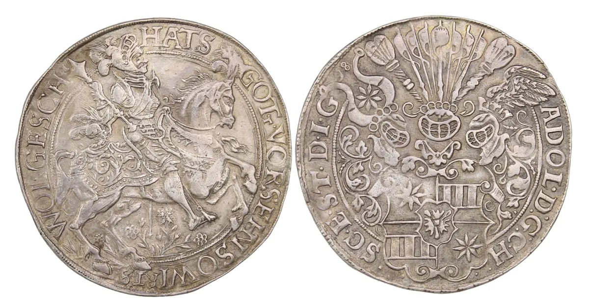 Szlezwik za Adolfa XI (1581–1601) – Szeroki 1 1/4 talara, Ø 55 mm, 36 g, 1598, VF+/prawie EF, bardzo rzadki