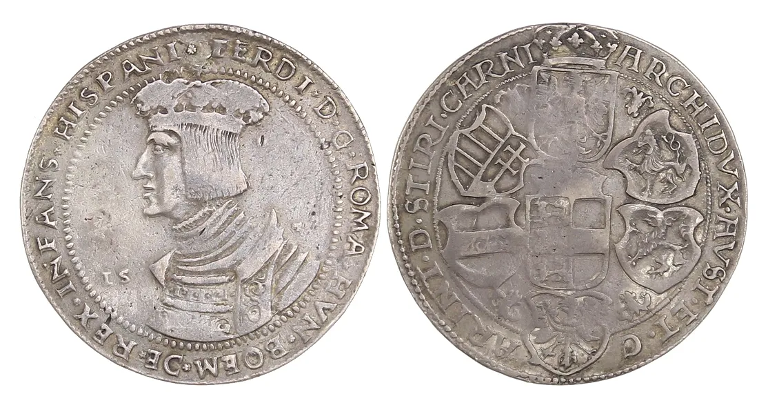 Klagenfurt taler onder Ferdinand I (1521 – 1564) – Taler 1532, gesplitste (kleine) jaartal "15 32", Ø 44,5 mm, 27,8 gr., zwakke slag, verder VF, zeer zeldzaam