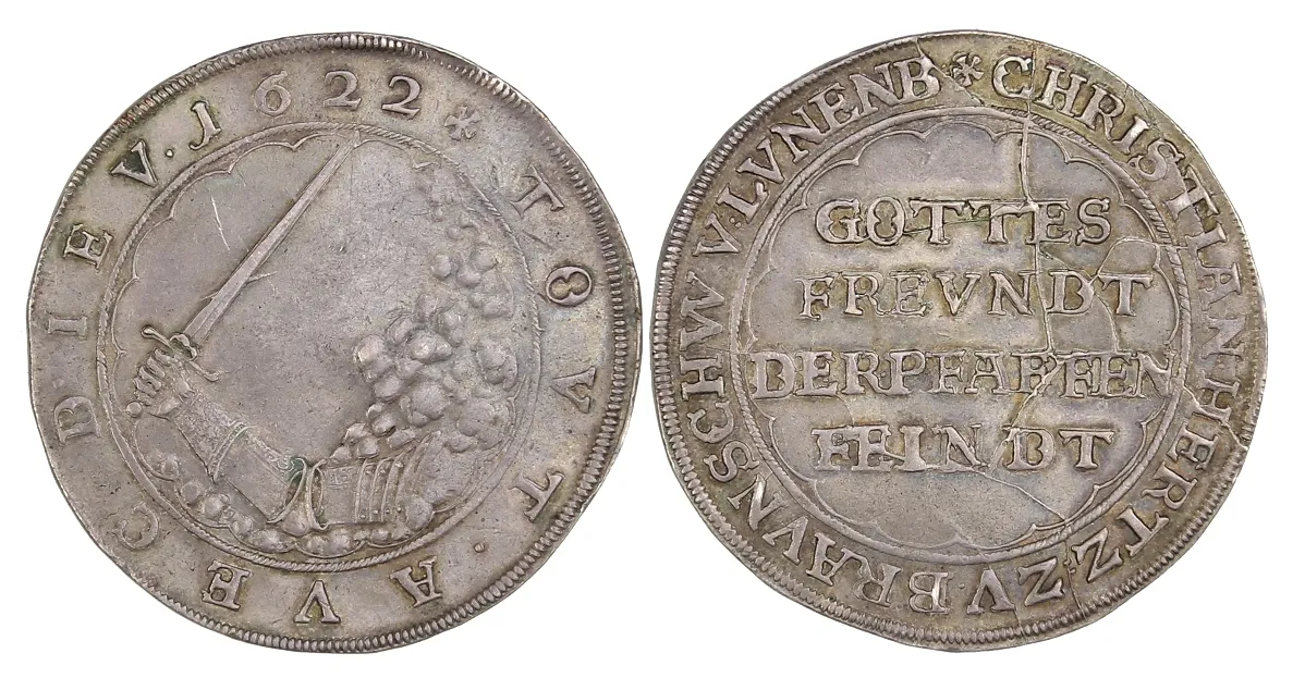 Brunswick "Pfaffenfeindtaler" under Christian, Bishop of Halberstadt (1617 – 1626) – Reichstaler 1622, so-called "Pfaffenfeindtaler", 28.9 g, VF/XF with interesting die cracks on the reverse, these talers were struck in Lippstadt from church silver that "The Mad Christian" had captured in Paderborn during the plundering of the cathedral treasury, another example in the auction