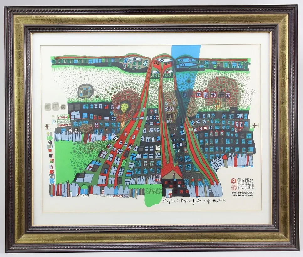 Hundertwasser, Friedensreich (Wenen 1928 – 2000 aan boord van de Queen Elisabeth) – kleurenzeefdruk "Let us pray – Manitou wins" met…
