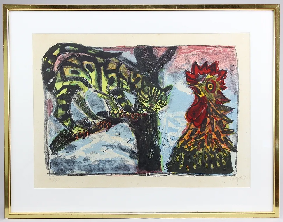 Dix, Otto (Gera 1891 – 1969 Singen) – Colour lithograph "Hahn und Katze II" on laid paper, image 42 x 62.5 cm