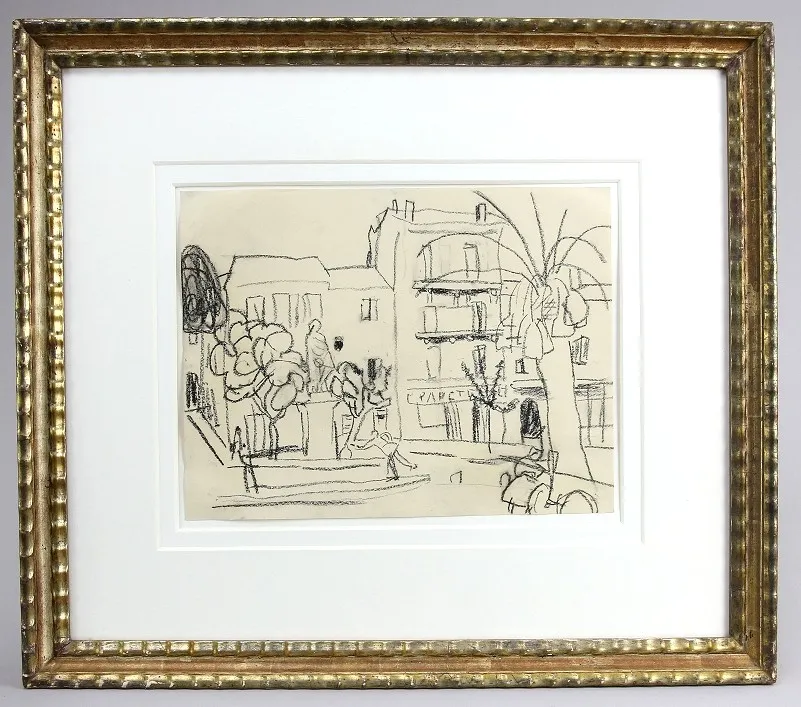 Münter, Gabriele (Berlijn 1877 – 1962 Murnau am Staffelsee) – Tekening "Strasse in Sanary sur Mer", houtskool op velijnpapier