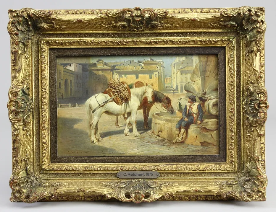 Reichert, Carl (Vienne 1836 – 1918 Graz) – Tableau « Rast am Fontana della Api in Rom », signé et daté « C. Reichert. 1875. », 14 x 23 cm