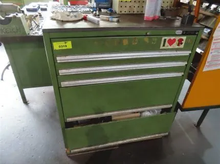 1 tool cabinet, approx. 70 x 80 x 100 cm, 5 drawers, contents: various collets, milling cutters, drills etc.