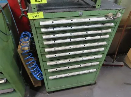 1 tool cabinet, approx. 70 x 70 x 100 cm, 9 drawers, contents: various collets, milling cutters, etc.