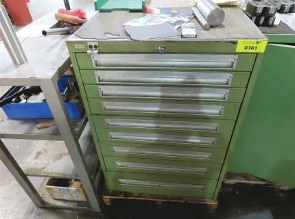 1 tool cabinet, approx. 70 x 70 x 110 cm, 9 drawers, contents: various indexable inserts, boring bars, dies, taps, collets etc.