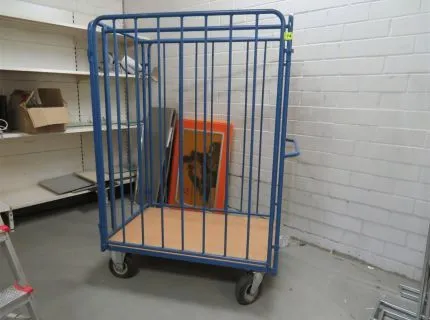 1 grid transport trolley, mfr. probably Fetra, load capacity 400 kg, approx. 1.80 m x 1.20 m, 1 m deep, blue, pneumatic tyres, little air