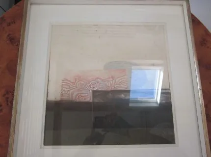1 tableau encadré avec verre et large passe-partout, titre : Der Abend, artiste : Helga Kaiser, de 1984, technique : technique mixte, env. 43,00 x 45,00 cm