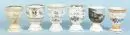 Tasses à cacao, 6 pièces – porcelaine, peint à la main, 5 avec décorations florales et dictons, 1 avec vue du bain de saumure Rappenau, H= 11-12 cm, vers...