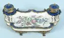 Desk set "Limoges" – porcelain, hand-painted, partly blue glazed, floral decor, relief ornaments with gold trim, on 4 metal feet, 8.5…