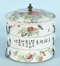 Skládací dóza – Porcelán, ručně malovaný, květinové a ptačí motivy s znaky, 3 kulaté mísy s kovovými uchy a víkem, v= 20 cm, Čína