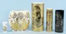 Vases, 5 pièces "Rosenthal" – porcelaine, motifs de personnages dorés, formes variées, H= 10-28 cm, design Björn Wiinblad
