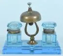 Ink set with bell – blue pressed glass, 2 lidded boxes on pen tray with mounted table bell, H= 11 cm