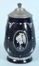 Beer mug – stoneware, dark blue glaze, relief medallions with animal motifs, pewter lid, H= 20 cm