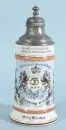 Chope à bière - chope de corporation des boulangers – porcelaine, décor coloré avec armoiries et datation 1899, avec lithophanie, couvercle en étain orné