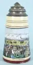 Chope à bière "Münchener Oktoberfest" – porcelaine, émail beige, grand motif avec hippodrome et personnages, avec lithophanie, couvercle en étain orné