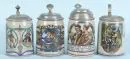 Beer mugs, 4 pieces – ceramic, colored figures with sayings, pewter lids, H= 16 cm, around 1900