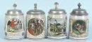 Beer mugs, 4 pieces – ceramic, colored figures with sayings, pewter lids, H= 16/17 cm, around 1900