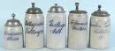 Beer mugs, 5 pieces – inn mugs – stoneware, blue glazed lettering, each with pewter lid, H= 17-22 cm, around 1900, incl. Rittergarten Tuttlingen, Faltermair's Gasthaus and Otto Aurachres Gasthaus Vöcklabruck, partly soiled