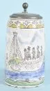 Cylindrical jug – Faience, beige glaze, hand-painted with ship motif and figures, pewter lid, H= 22 cm, 1st half 19th c., rim with...