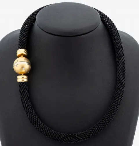 Collier avec fermoir en or 18 kt et diamant, or jaune/blanc 750/000, collier tricoté en