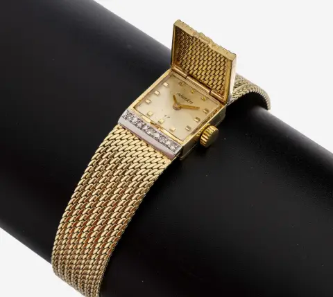 Montre-bracelet dame en or 14 kt avec diamants, or jaune/blanc 585/000, boîtier rectangulaire, cadran