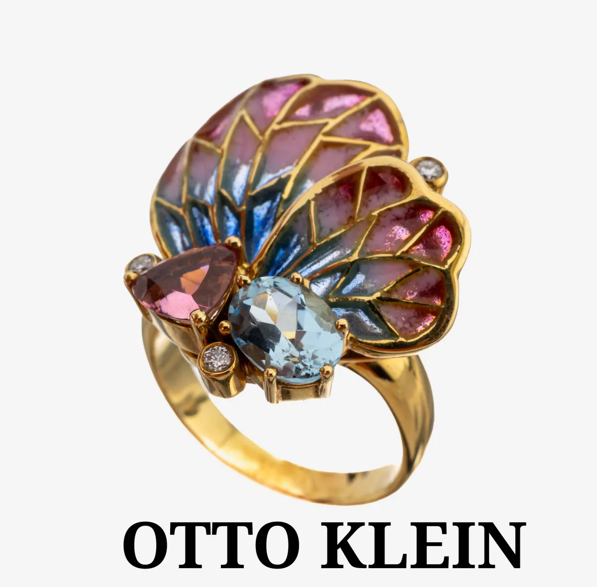 Bague OTTO KLEIN or 18 ct, émail-aigue-marine-tourmaline-brillant, or jaune 750/000