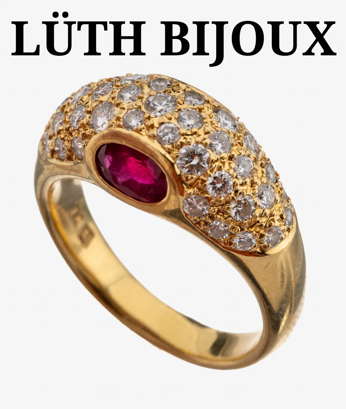 18 kt gold LÜTH BIJOUX brilliant-ruby ring, yellow gold 750/000, 43 brilliants tot. approx. 1.50 ct