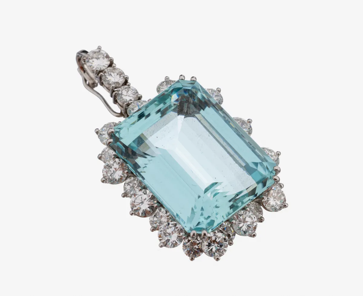 18 kt gouden aquamarijn diamanten clip-hanger, witgoud 750/000 gekeurd, aquamarijn in