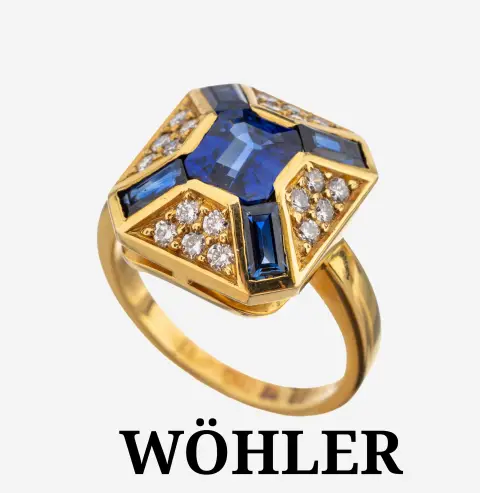 Bague WÖHLER saphir-diamant en or 18 ct, or jaune 750/000, finition de qualité,