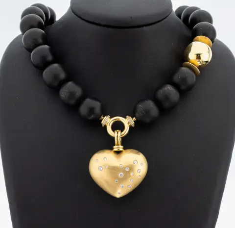 Collier original en or 18 ct avec brillants, or jaune 750/000, collier en onyx mat