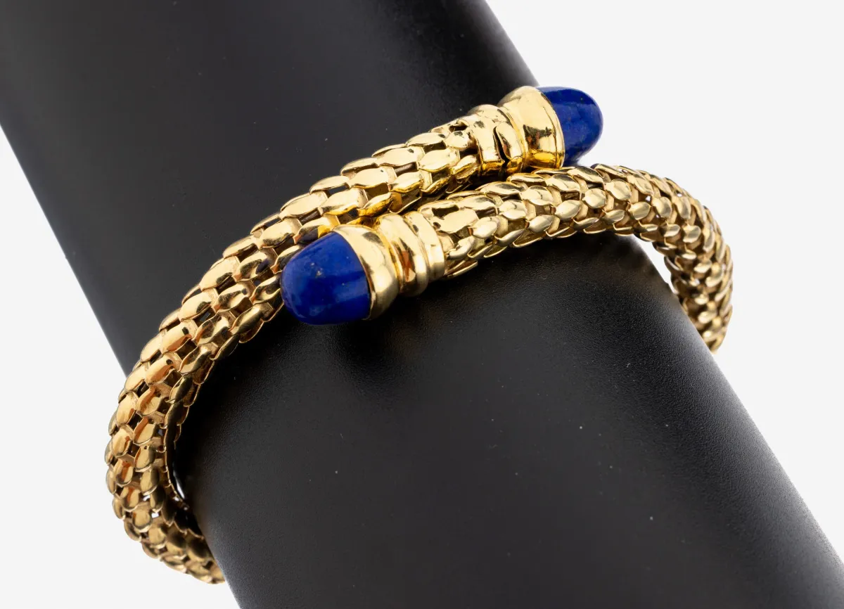 Bracelet rigide en or 18 ct et lapis-lazuli, or 750/000, ouvert et flexible, extrémités avec