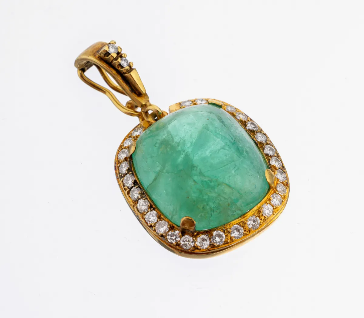 14 kt goud smaragd-diamant clip hanger, goud 585/000, kussen smaragd cabochon ca.