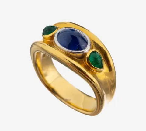 Bague saphir-émeraude en or 18 kt, or jaune/blanc 750/000, fabrication de qualité, ovale en