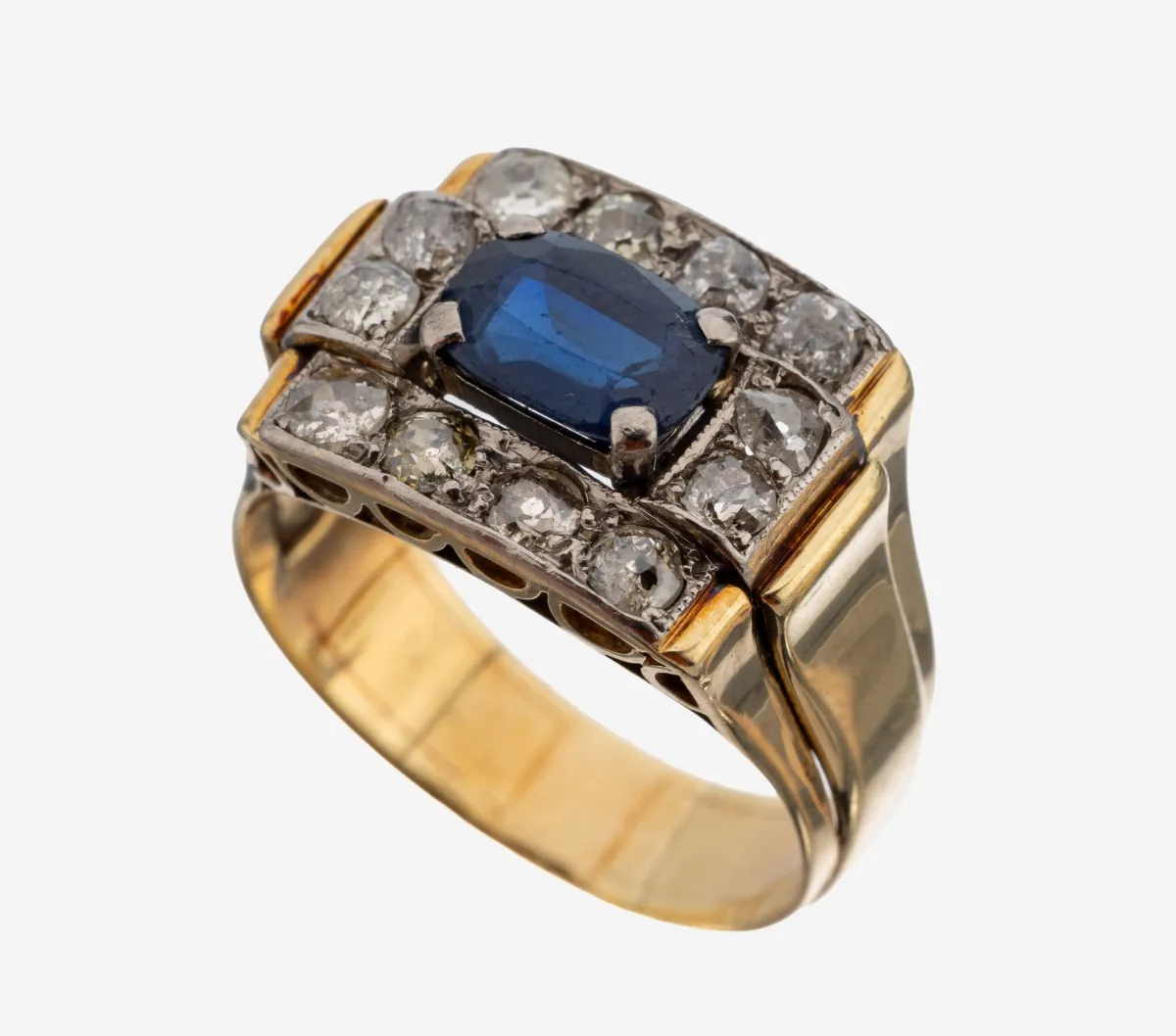 14 kt gold sapphire diamond ring, 1930s-40s, GG/WG 585/000, raised center