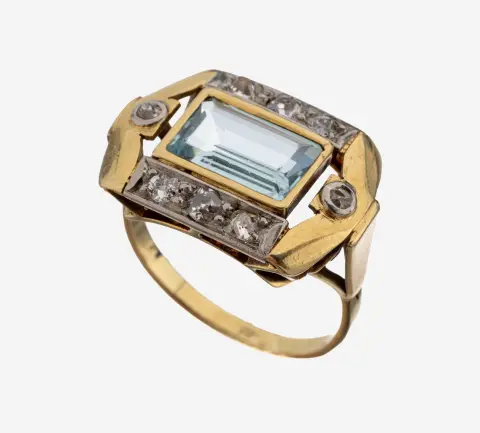Bague aquamarine-diamant en or 14 kt, années 1940-50, or jaune/blanc 585/000, aquamarine centrale