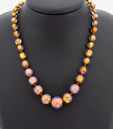 Collier de perles de verre Murano années 1930, perles soufflées à la bouche technique lampwork