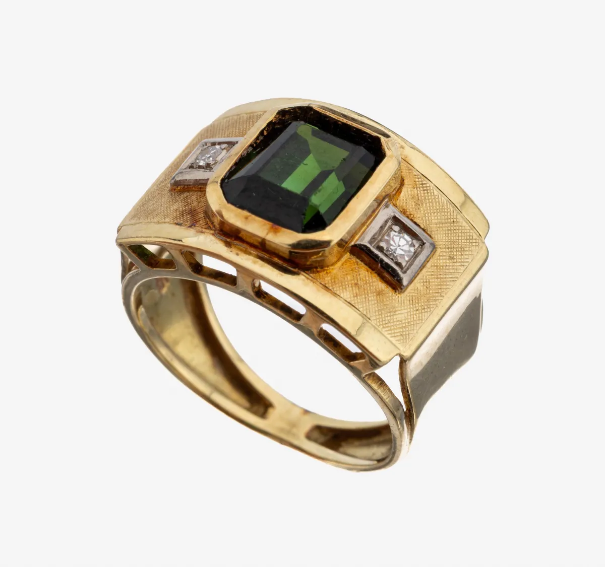 14 kt gouden toermalijn en diamanten ring, jaren 1950, goud 585/00, deels satijn, centrale toermalijn