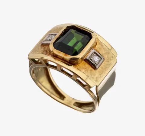 Bague en or 14 kt tourmaline et diamant, années 1950, or 585/00, partiellement satinée, tourmaline centrale