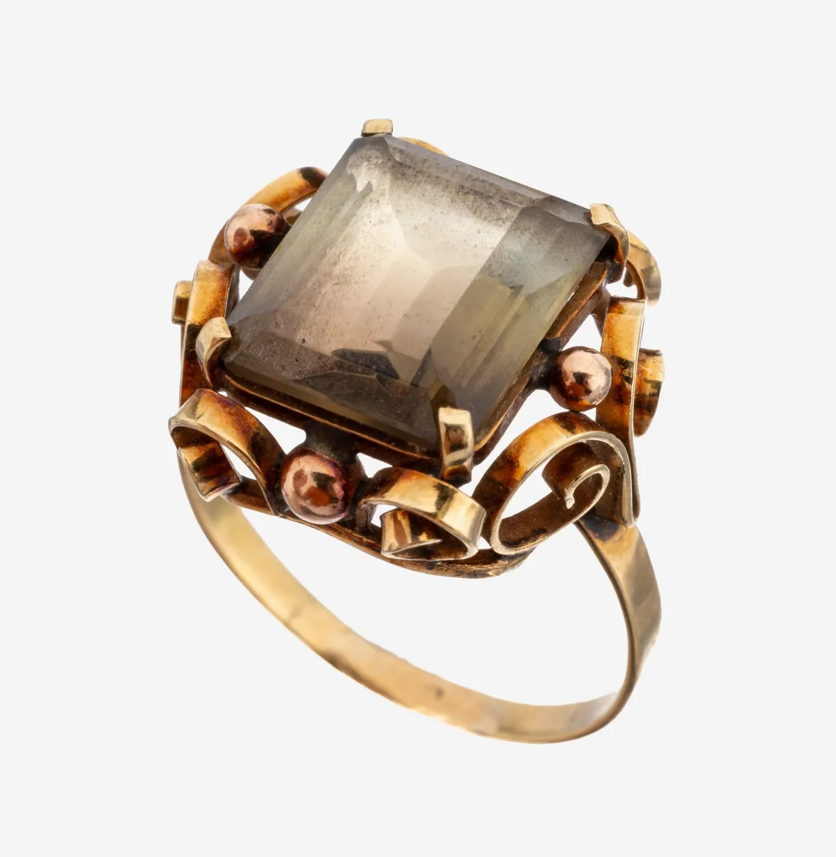 14 kt Gold Rauchquarz-Ring, Österreich/Wien, 1950er Jahre, GG 585/000, Rauchquarz im