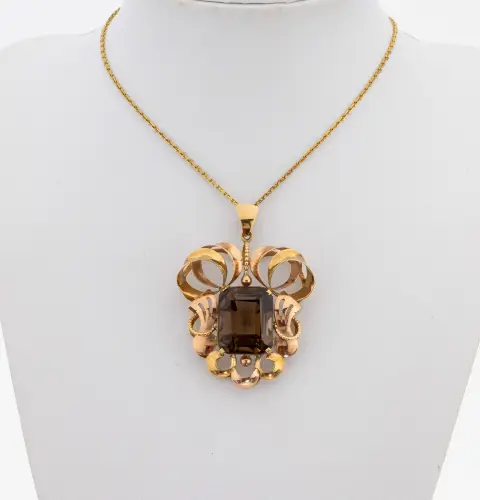 Pendentif en or 14 kt avec quartz fumé, Autriche/Vienne, années 1950, or 585/000,