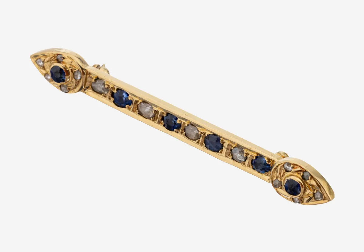 14 kt Gold Saphir-Diamant-Brosche, um 1920-30, GG 585/000 gepr., Stab mit tropfenf