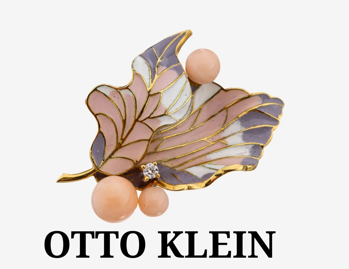 Broche OTTO KLEIN en or 18 kt émail-corail-brillant, or jaune 750/000, de qualité