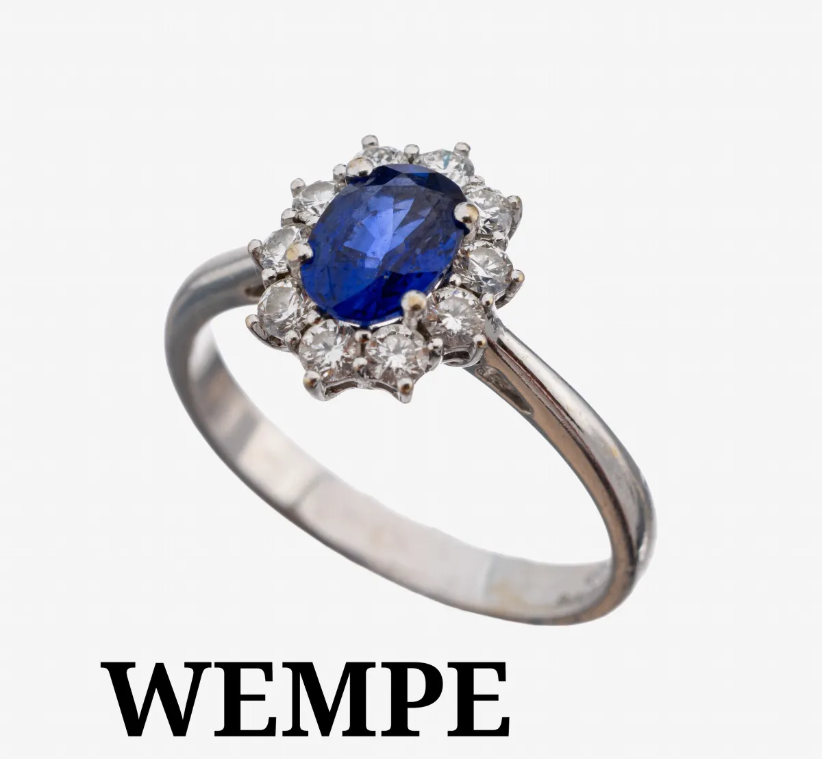 Bague saphir-brillant en or 18 kt WEMPE, or blanc 750/000, saphir facetté ovale env. 0.60 ct,